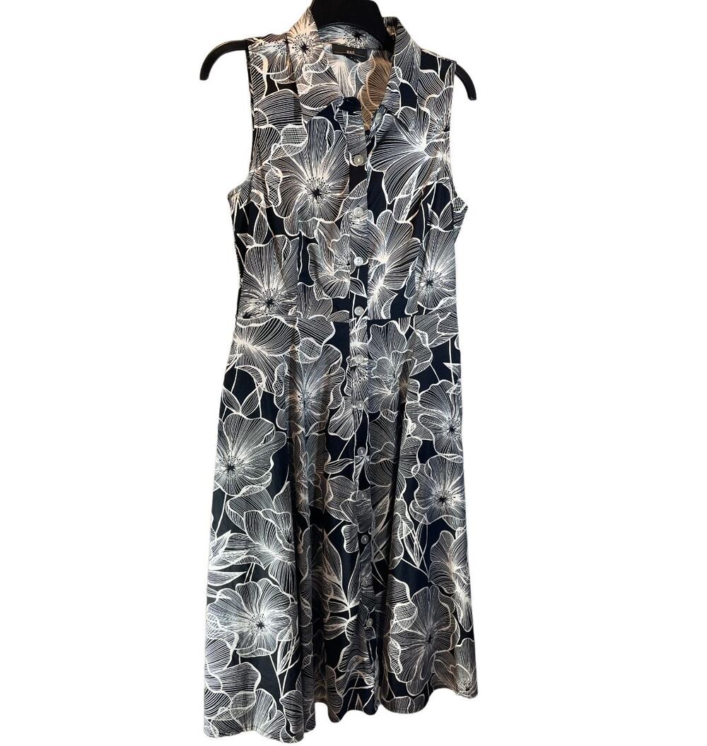 R&K Black and White Floral Print Collared Sleeveless Button Down Dress
